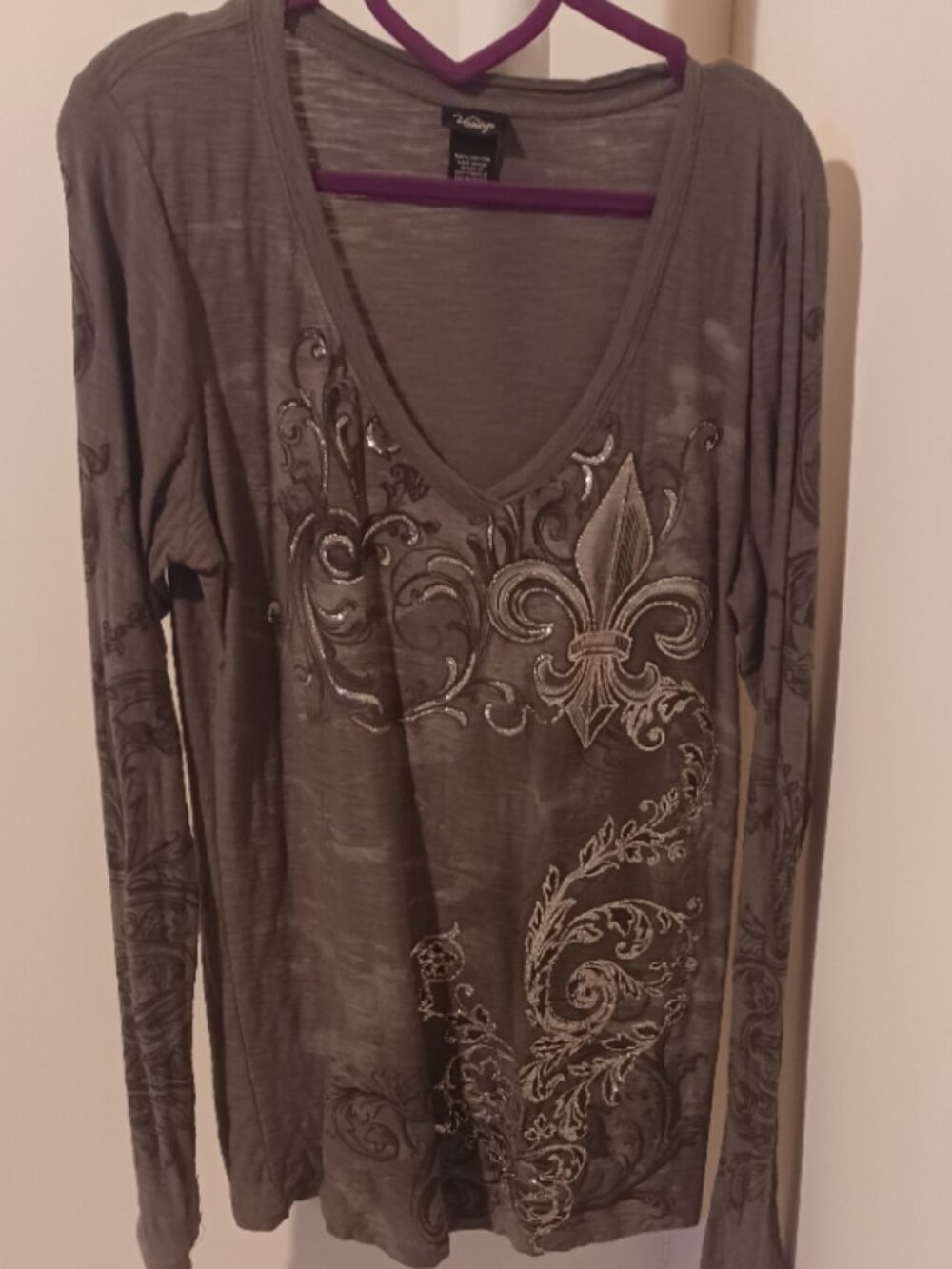 Plus Vanity Cotton Grey Blingy Silver Cute Graphic long Sleeve Shirt 2X